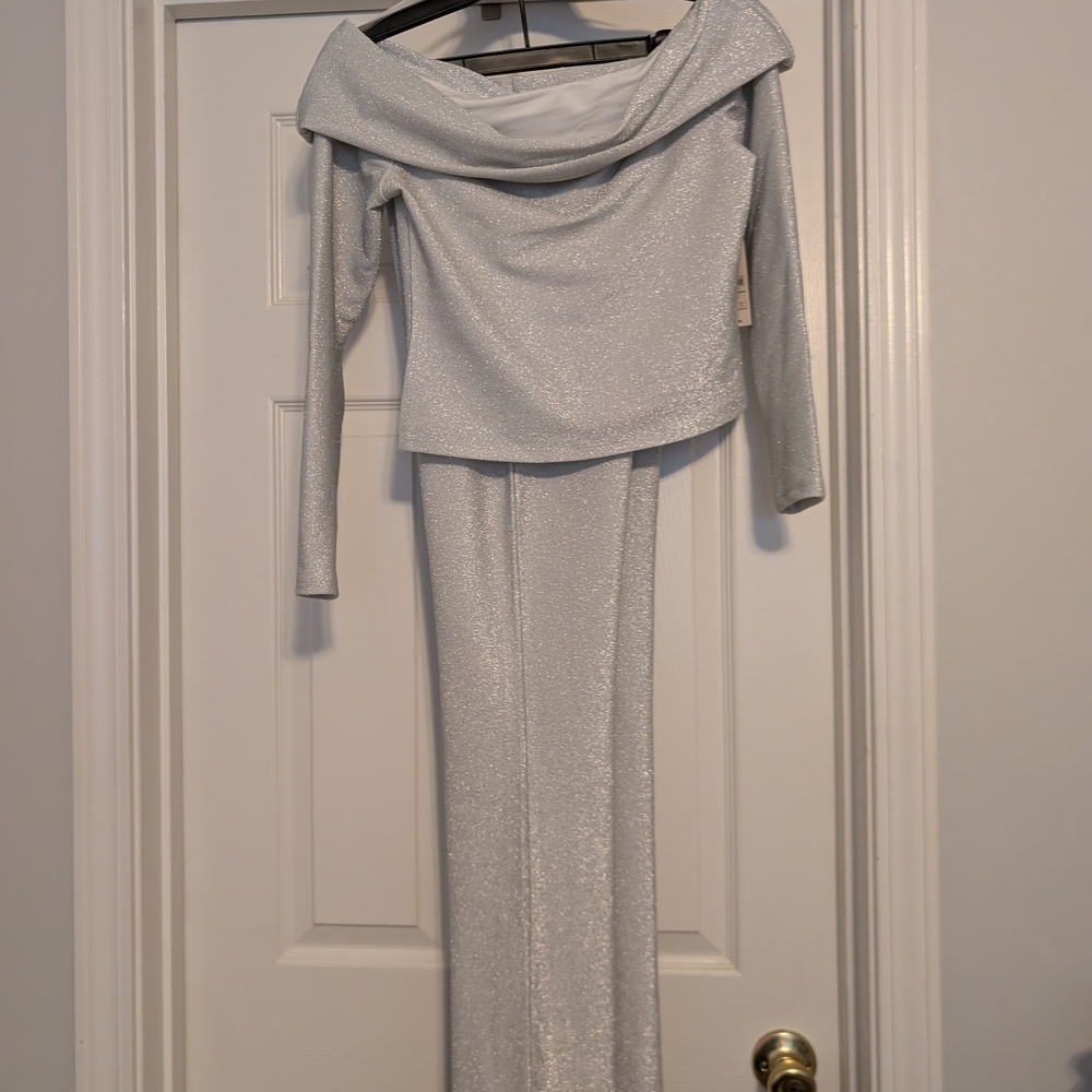 No Boundaries Shimmering Silver Off-Shoulder Set
